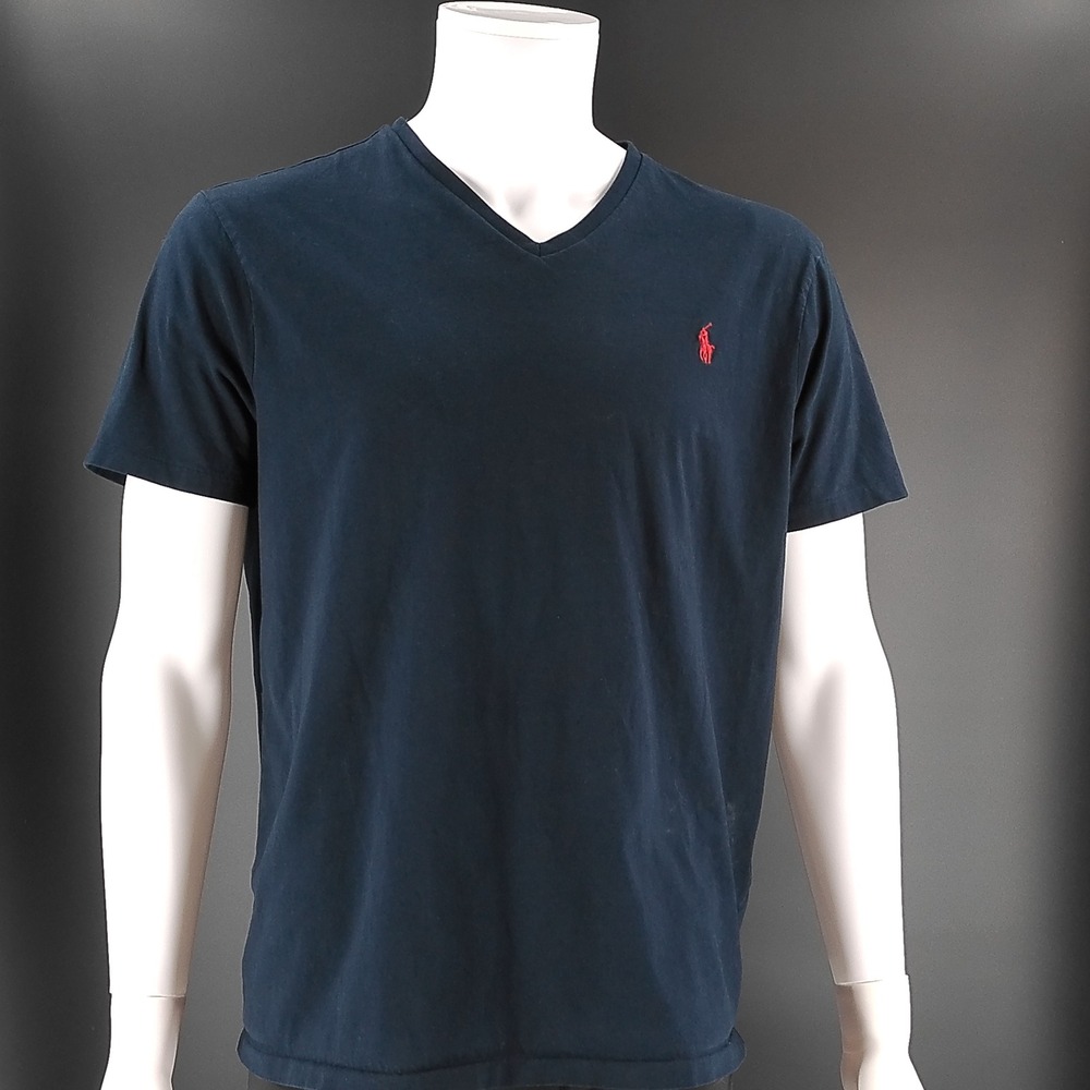 Polo Ralph Lauren Mens XL Custom Slim Fit V-Neck T-Shirt Navy Blue Red Pony Logo